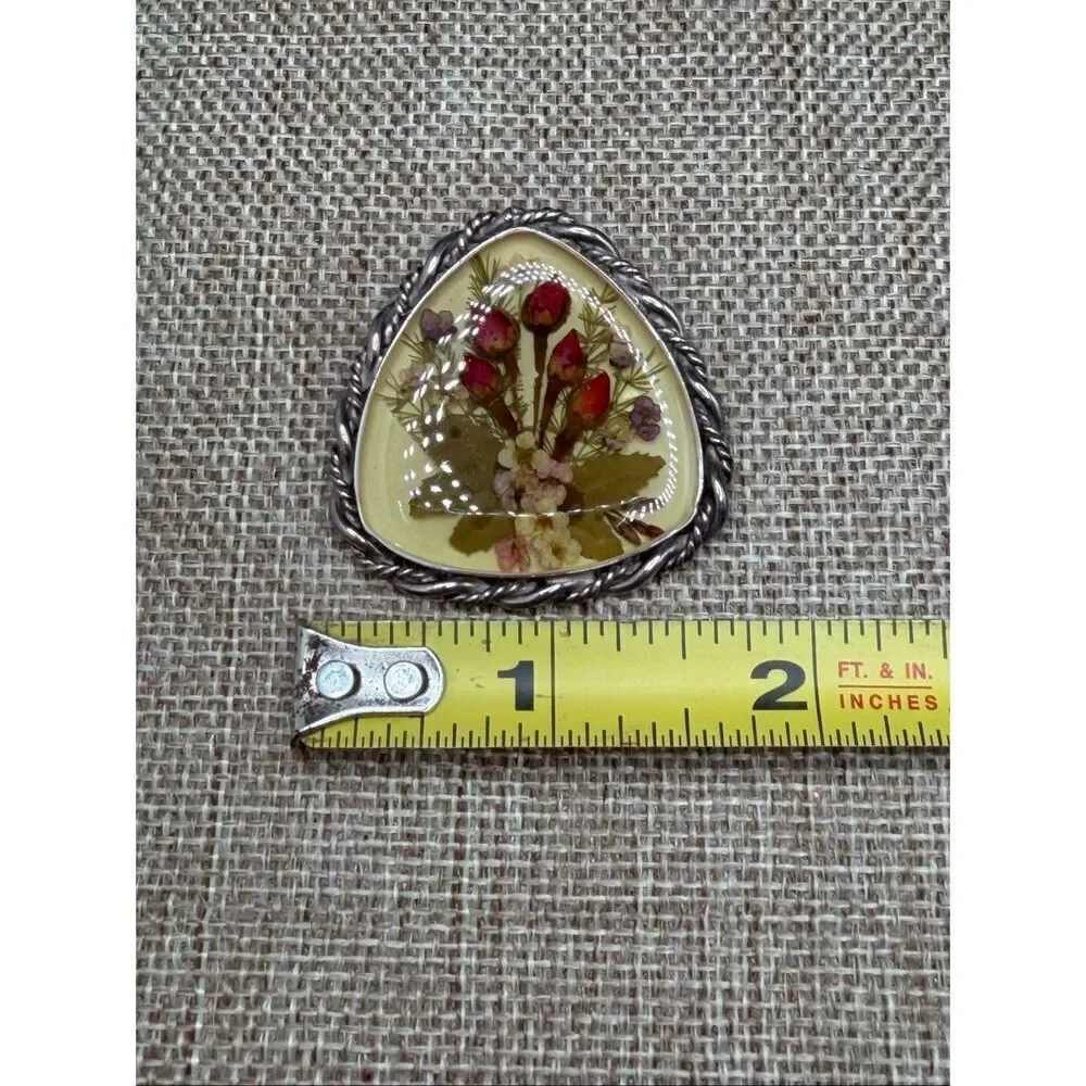 Vintage Mexican Taxco Sterling Silver 925 Real Dried Flower Brooch Pendant TE-24